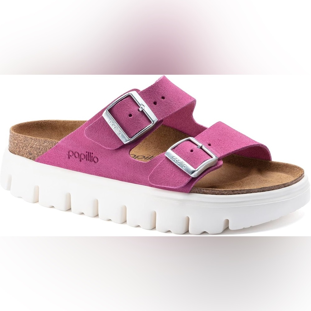 Papillio Birkenstock Arizona BigBuckle Fuschia Suede Platform Sandal SZ EU42 NEW - Picture 3 of 15